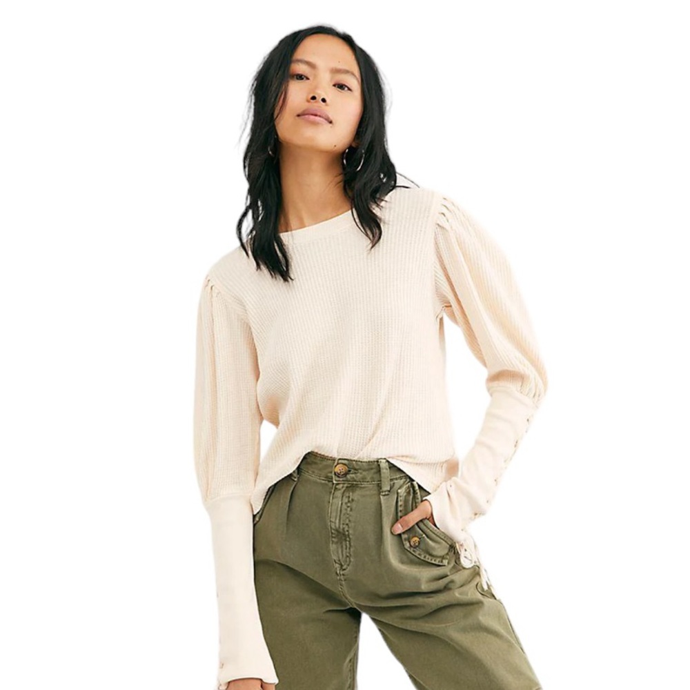 Free People FP One Tasha Thermal Top Tie Sleeve Women’s Size Small Ivory